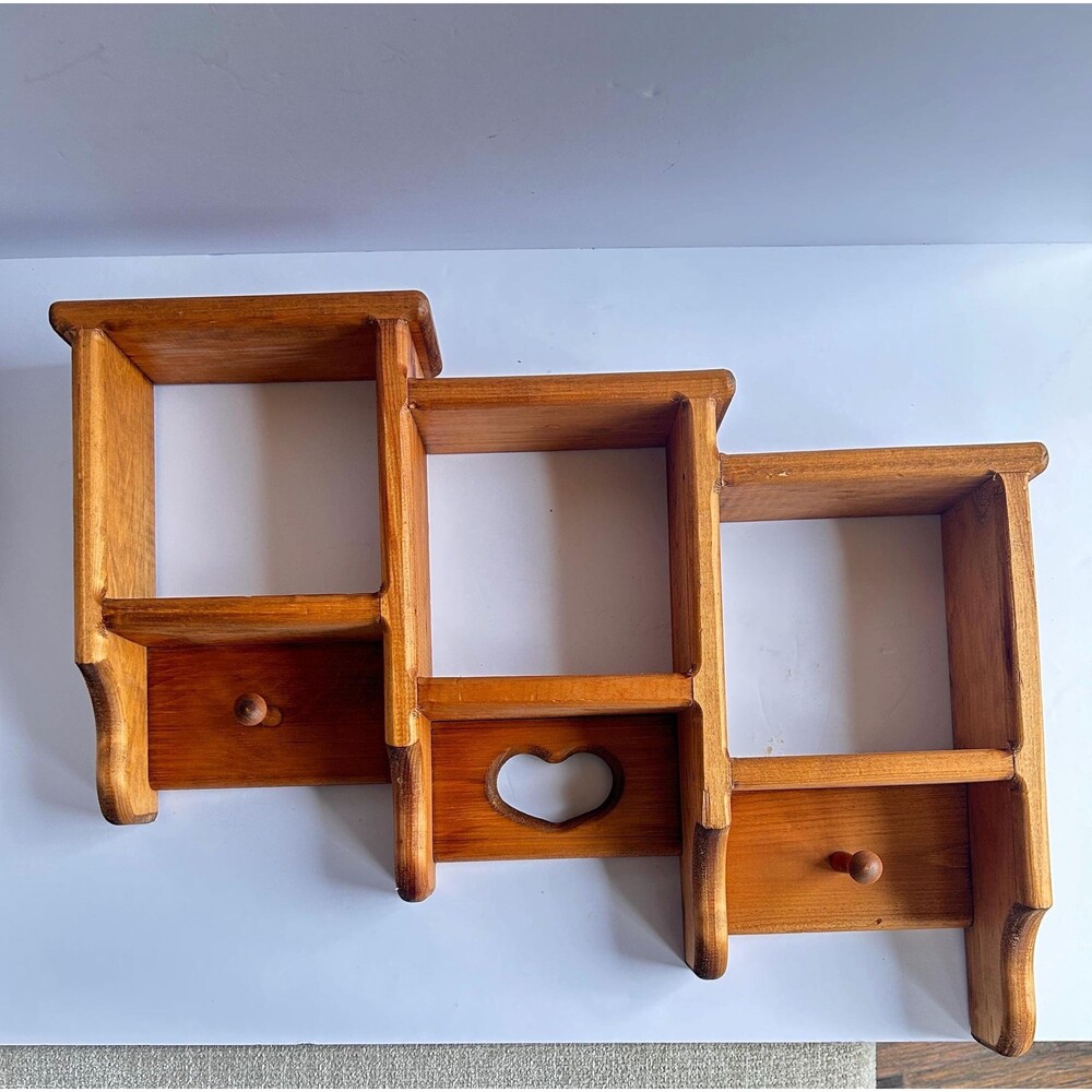 Vintage Wooden Wall Shelf Rack with Hooks and Heart Cutout , 3 Tier Rustic Wood